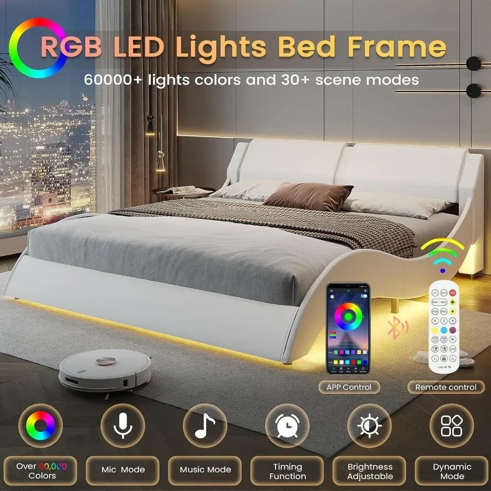 New Modern White Queen Size Bed Frame Upholstered Platform Faux Leather Full Storage Solid Wooden LED Lights with Headboard