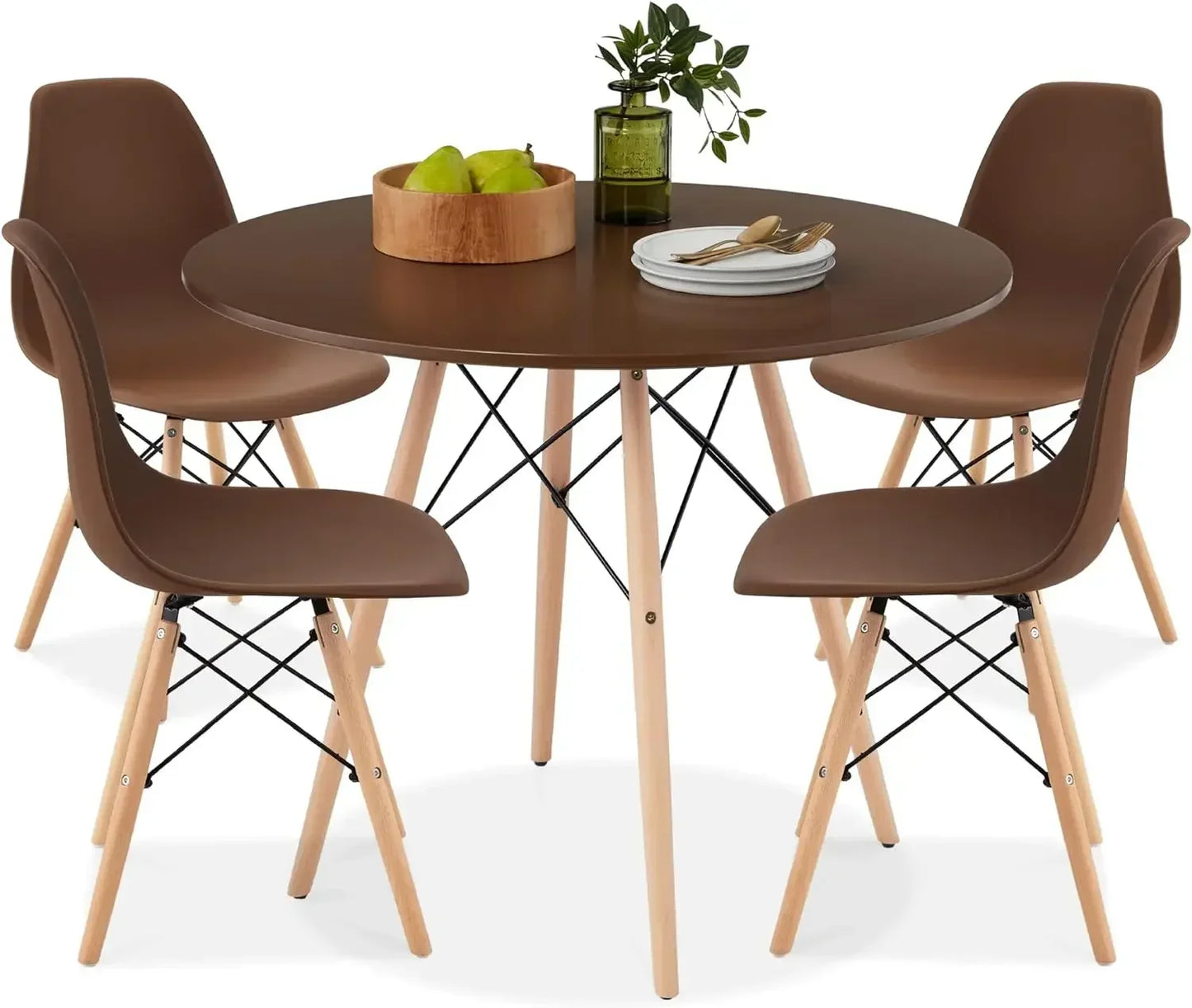 5-Piece Dining Set, Compact Mid-Century Modern Table & Chair Set for Home, Apartment w/ 4 Chairs, Plastic Seats, Wooden Legs