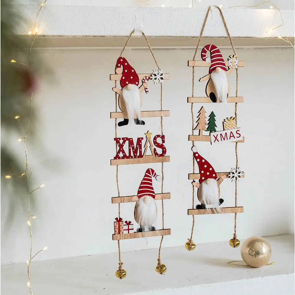 Cartoon Climbing Ladder Santa Claus Pendants with Bells DIY Christmas Wooden Hanging Tree Festive Merry Christmas Decor