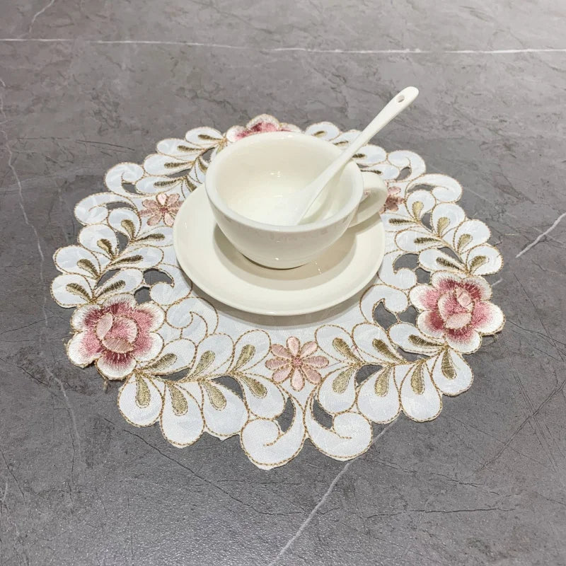 Cross-Border New Product Continental Coffee Cup Mat Bowl Mat round Polyester Embroidery Handmade Hollow Household Hotel Fabric C