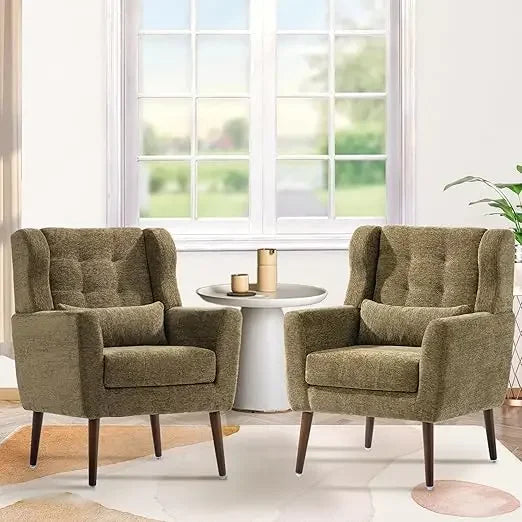 Accent Chair Set of 2,Upholstered Armchair with Pillow,Fabric Single Sofa Chair with Lounge Seat Wood Legs,Living Room Chairs