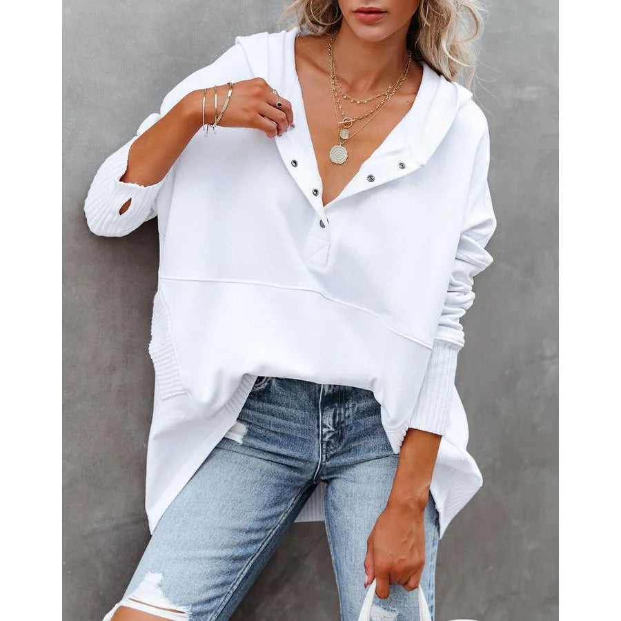 Casual Loose White Women Sweatshirt Autumn Winter V-neck Hooded Batwing Sleeve Hoodie Threaded Splicing Top For Women Pullovers