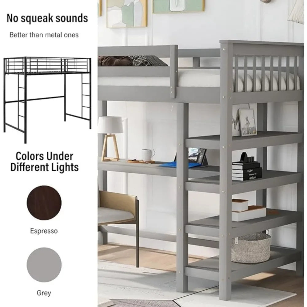 Wood Loft Bed with Desk Twin Size Loft with 4-Storage Shelves and Under Desk Solid Wood Bed, Suitable for bedrooms and children