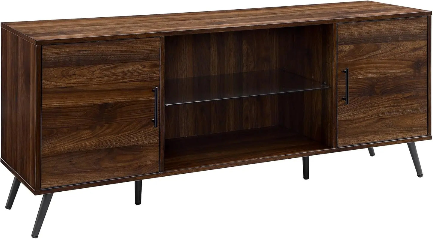 Saxon Mid Century Modern Glass Shelf TV Stand for TVs up to 65 Inches, 60 Inch, Walnut