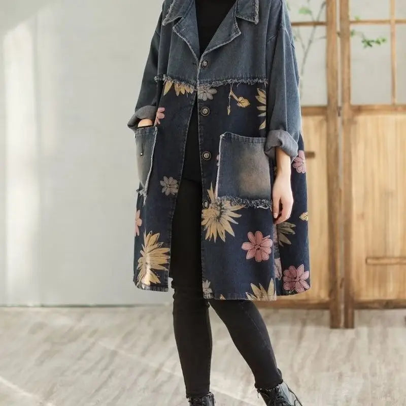 2024 New Arrival Autumn Women Turn-down Collar Casual Long Trench Vintage Floral Print Single Breasted Cotton Denim Coat D333