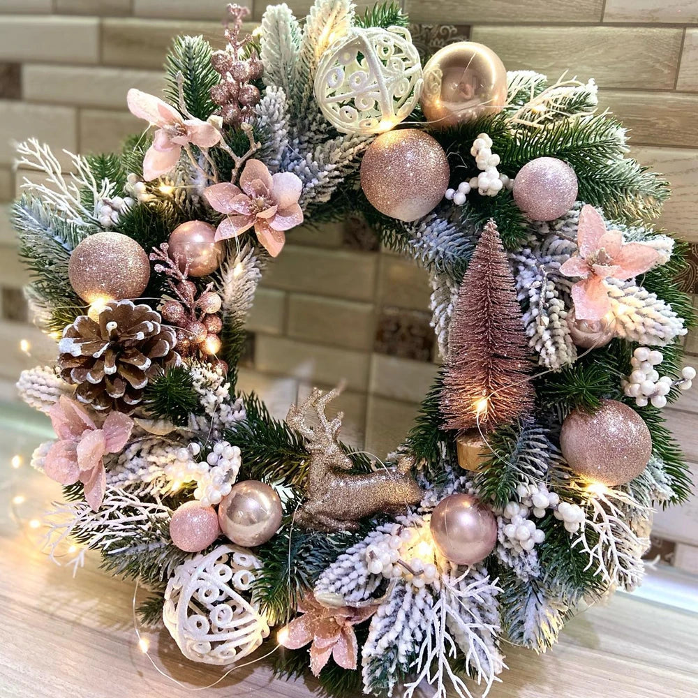 Christmas Pink Series Wreath Plastic Pine Branches Xmas Ball for Christmas DIY Wreath/Door Hanging Decorations Navidad DIY Tree