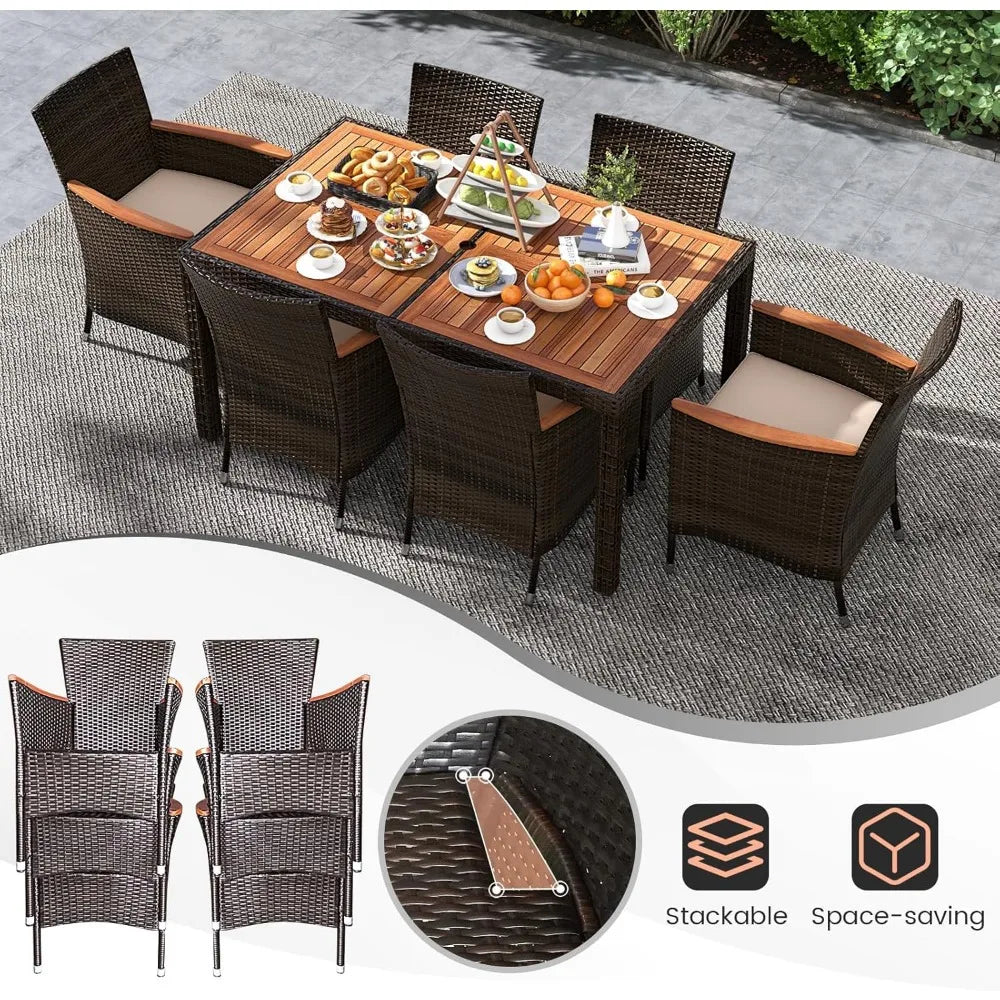 7 Pieces Outdoor Wicker Dining Set, Patio Dining Set with Acacia Wood Table and 6 Stackable Chairs, Outdoor Table and Chairs Set