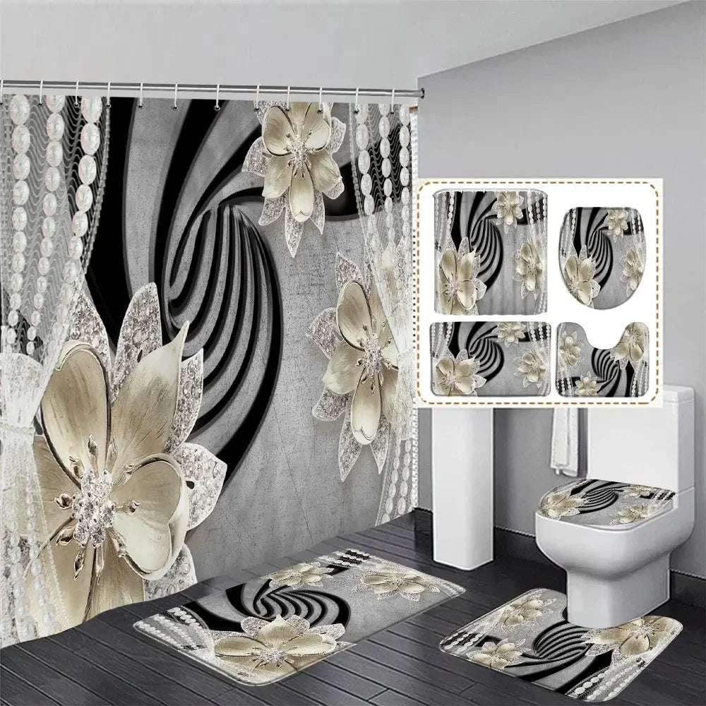 Elegant Bouquet of Fantastic White Flowers 3D Style Shower Curtain Bathroom Curtain with Bath Rug Carpet Set Floral Home Decor