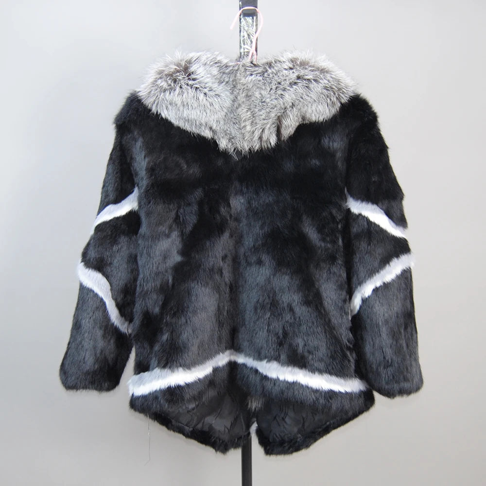 Women Winter Coats Black Woman's Casual Autumn Coat Real Natural Women's Rabbit Fur Coat Fox Fur Collar Large Size Rabbit Skin