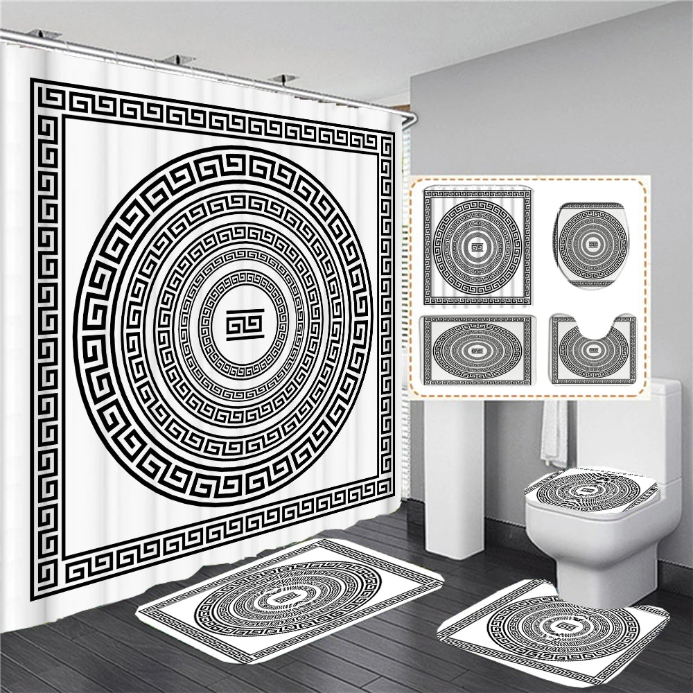 Ethnic Greek style Shower Curtains Waterpoof Bathroom Curtain  Traditional Meander Border Bath Curtain Set Bath Mats Rug Decor