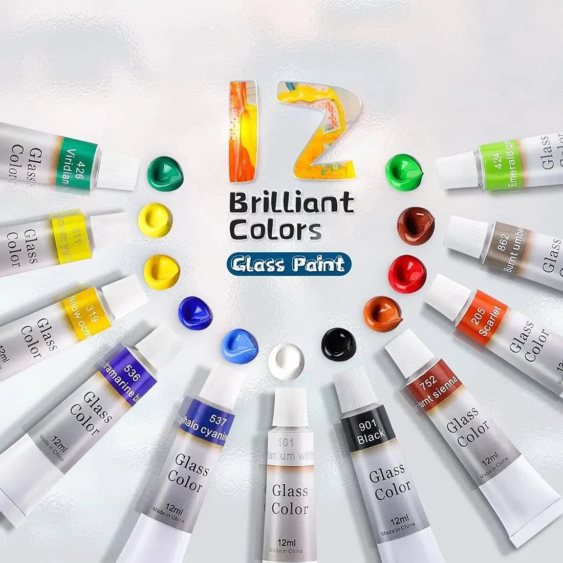 12 24 Colors Stain Glass Paint Set with 6 Nylon Brushes, 1 Palette, Waterproof Acrylic Enamel Painting Kit for Art Supplies