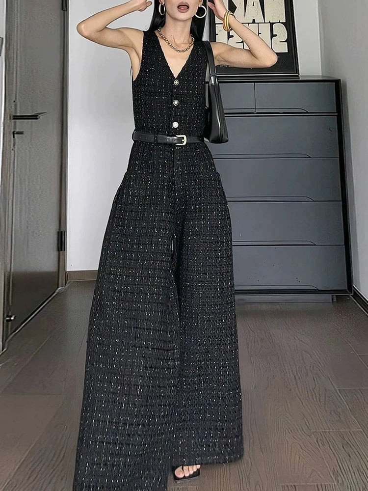 TWOTWINSTYLE Plaid Casual Two Piece Sets For Women V Neck Long Sleeve Coat V Neck Sleeveless High Waist Jumpsuit Chic Set Female