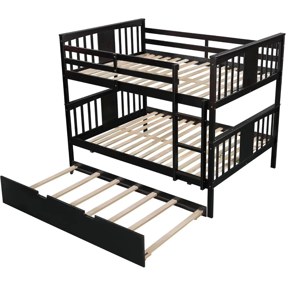 Bunk Bed,Wooden Full Bunks Beds with Twin Size Trundle and Ladder, Space Saving Design Bedroom Furniture ,Wood Bunk Bed Frame