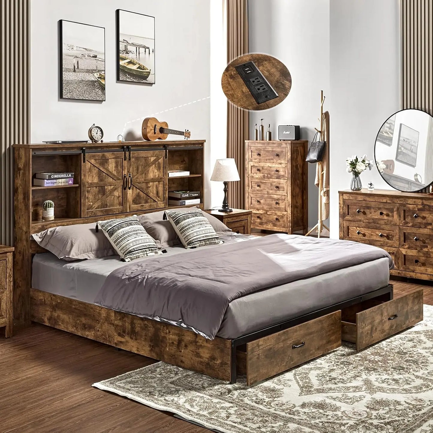 King Size Bed Frame, Wooden Platform Storage Beds with 51.2" Bookcase Headboard, 2 Drawers, Charging Station/Bed Frame