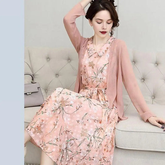 Women Cardigan Dress Set Elegant Floral Print Dress Cardigan Set with Lace-up Detail Doll Collar Slim Waist A-line Midi for A