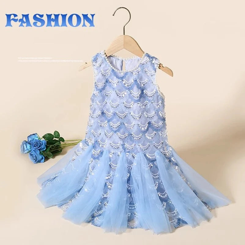 Summer Girls' Kid Clothes Baby Clothing Pearl Fish Scale Sequins Sweet Strap Dress Princess Dress Baby Dress