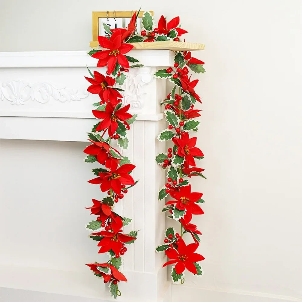 2M Christmas Poinsettia Garland Artificial Poinsettia Flower String Lights Xmas Tree Ornament For Home Fireplace Decoration