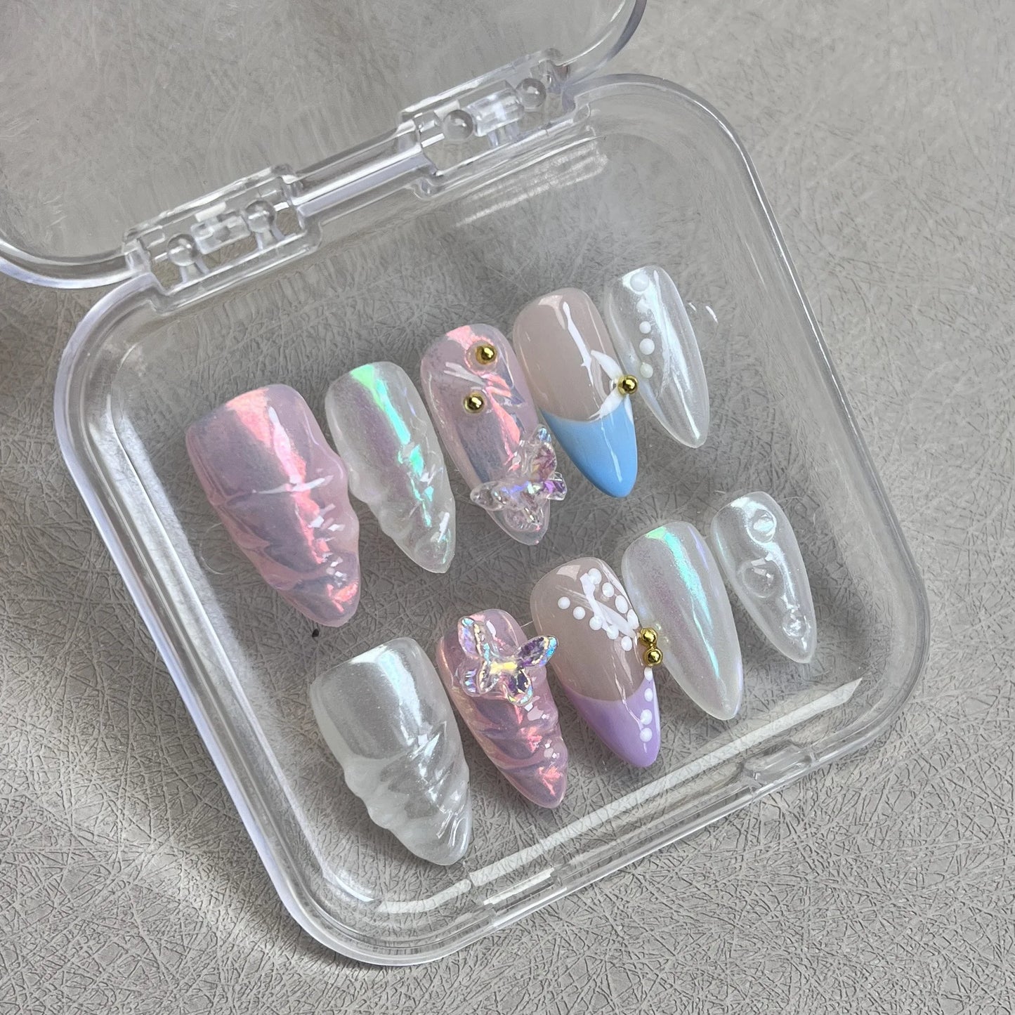 10pcs Handmade Press on Nails 3D Colorful Aurora Butterfly Design Fake Nails Wearable Shiny French Almond False Nails with Box