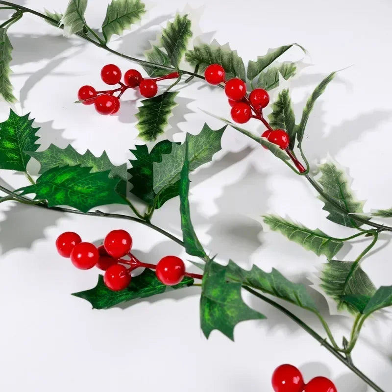 Christmas Holly Berry Vines Artificial Green Leaves Hanging Fake Plants Garlands with Light Strings Home Party Xmas Decoration