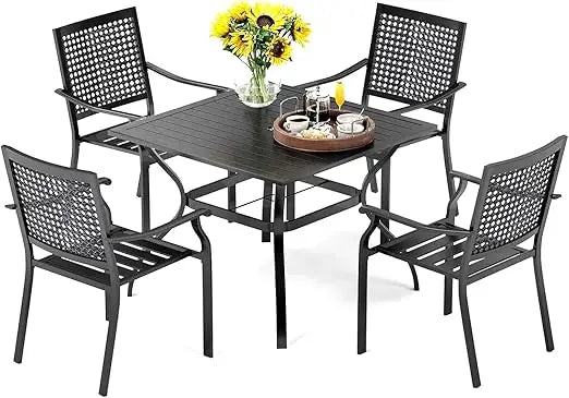 5 Piece Outdoor Dining Table Set ,37” Square Metal Dining Table with Umbrella Hole& Stackable Steel Chairs,Garden Furniture Sets