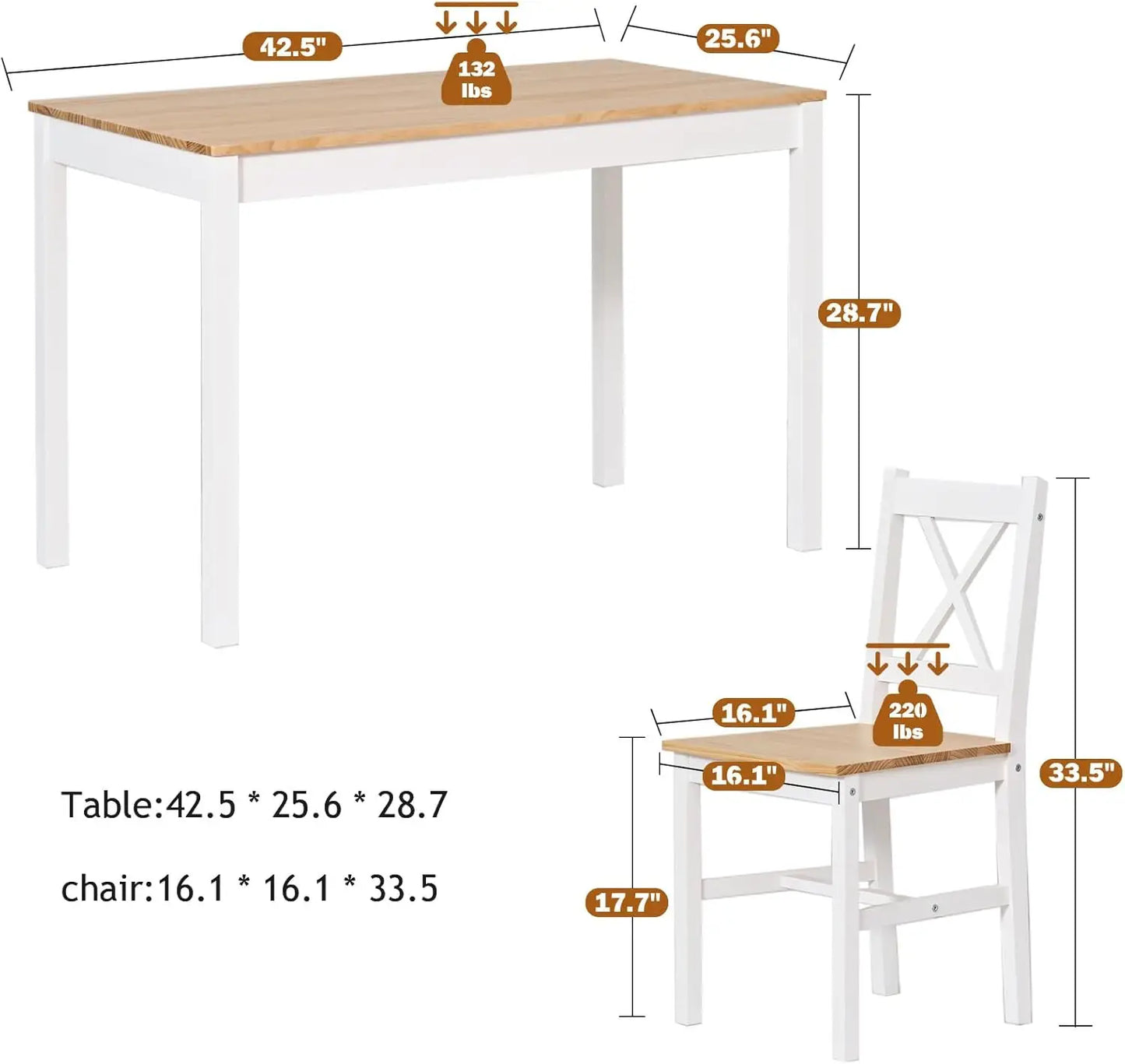 Table Set for 4, 42.5 inch Pine Wood Dining Room Table with 4 Chairs, 5-Piece Kitchen Table Chairs Set for Small Space