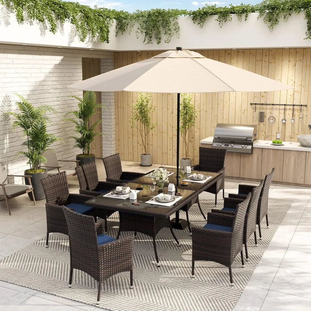 10 Piece Patio Dining Set,w/Tempered Glass Tabletop, Removable Cushions ,All-Weather Wicker Outdoor Patio Furniture Sets