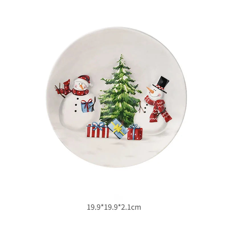 Nordic Style Rural Christmas Snowman Bowls Plates Tableware Relief Rice Salad Bowls Western Style Ceramic Flat Plate Bowl ZE07