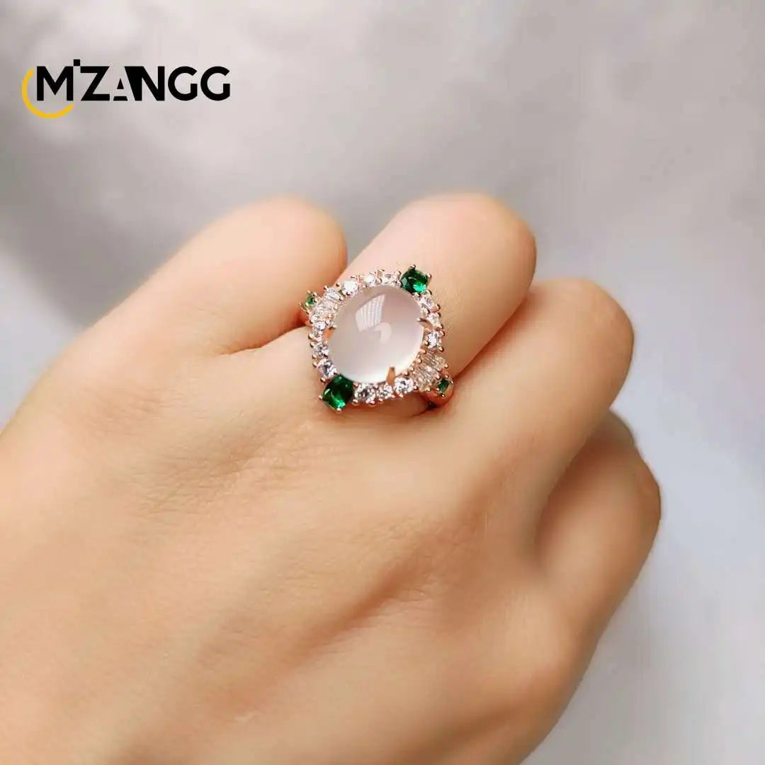 Natural Greenstone Ring 925 Silver Set Agate Egg Noodle Women's Adjustable Ring Exquisite Luxury Jewelry Holiday Gif