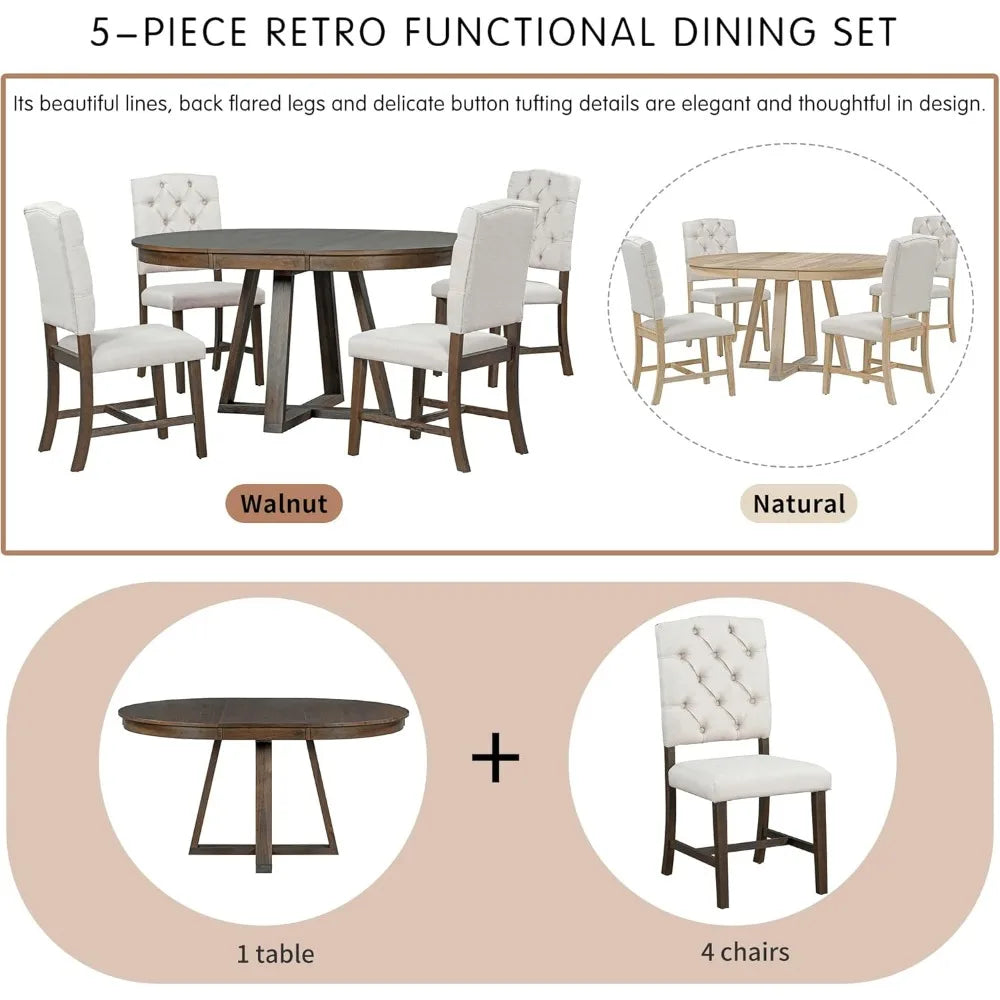 Wood Dining Furniture Set, 5 Piece Round Extendable Dinings Room Table Set with Upholstered Chairs, Dining Table and Chairs