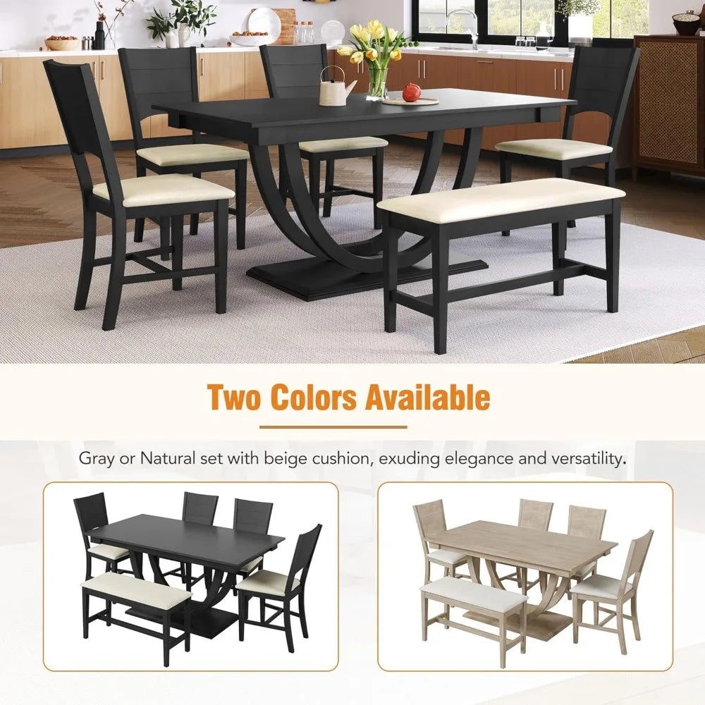 6 Piece Dining Table Set, with Long Bench and 4 Upholstered Dining Chairs, Modern Wooden Half Round Kitchen Table Set