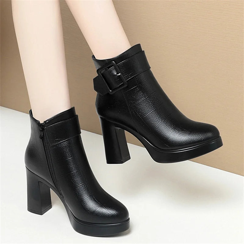 Winter Black Thick High Heel Ankle Boots Women 2024 Keep Warm Fashion Elegant Short Buckle Decoration Leather Boots