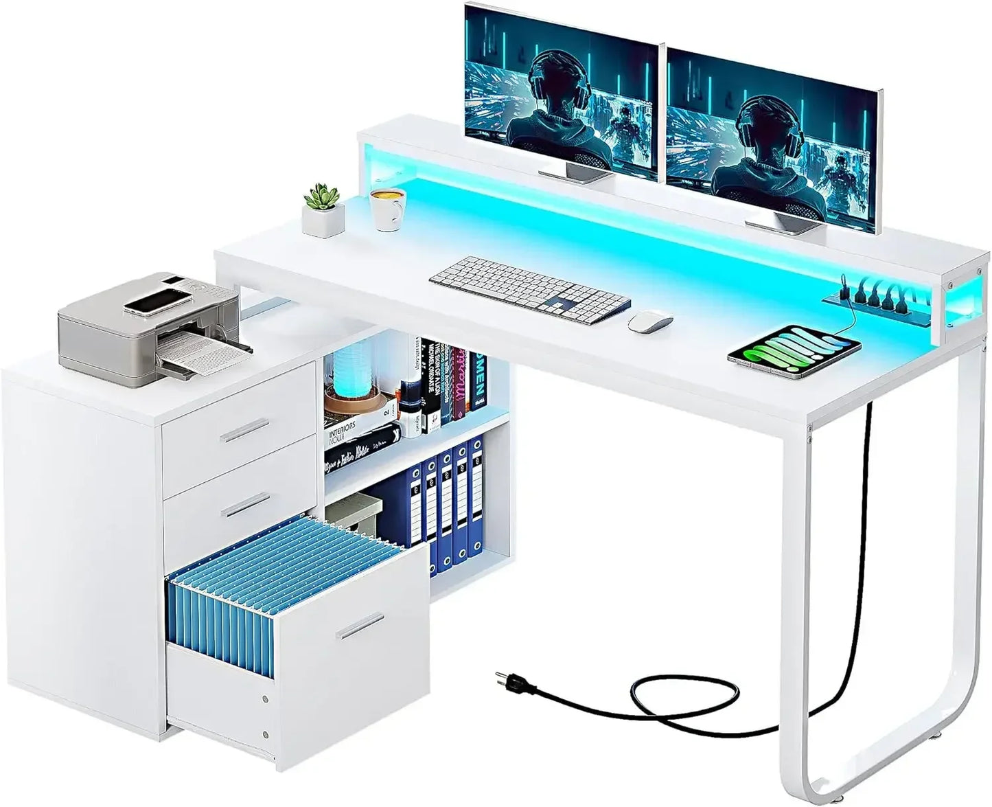 YITAHOME L Shaped Desk with Power Outlets & LED Lights & File Cabinet, 55" Corner Computer Desk with 3 Drawers and 2 Storage She