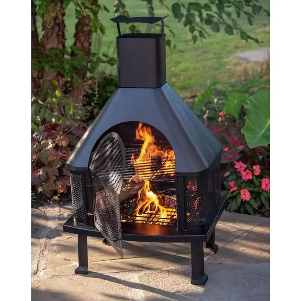 Wood Burning Fireplace Outdoor Steel Chimney Rectangular Fire Bowl for Backyard Patio or Deck Bonfire Heating, Black