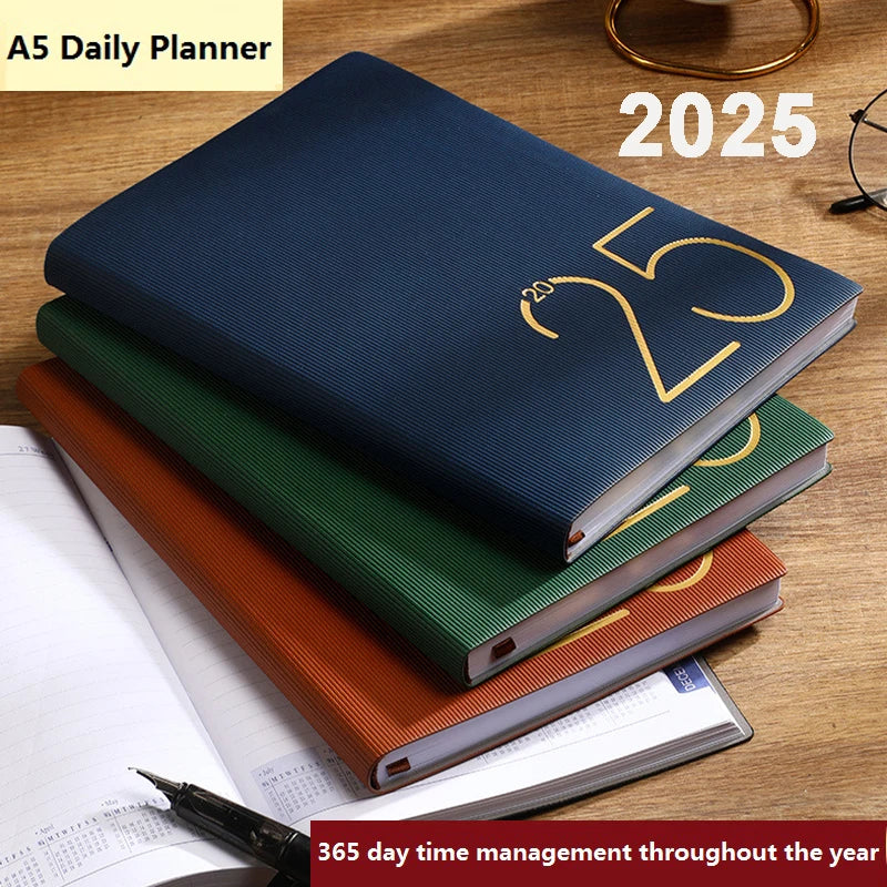 School Agenda 2025 Planner, Stamping PU Texture Cover Writing Smooth Annual Notebook, Month Index Timekeeper Planning Assistant