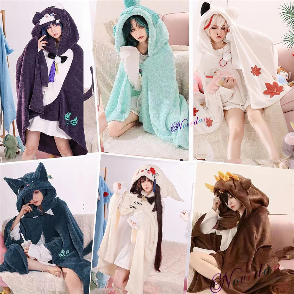 Genshin Impact Xiao Hutao Ghost Wanderer Traveler Kazuha Cosplay Blanket Cloak Cape Funny Fleece Pajamas Anime Costume Hoodie