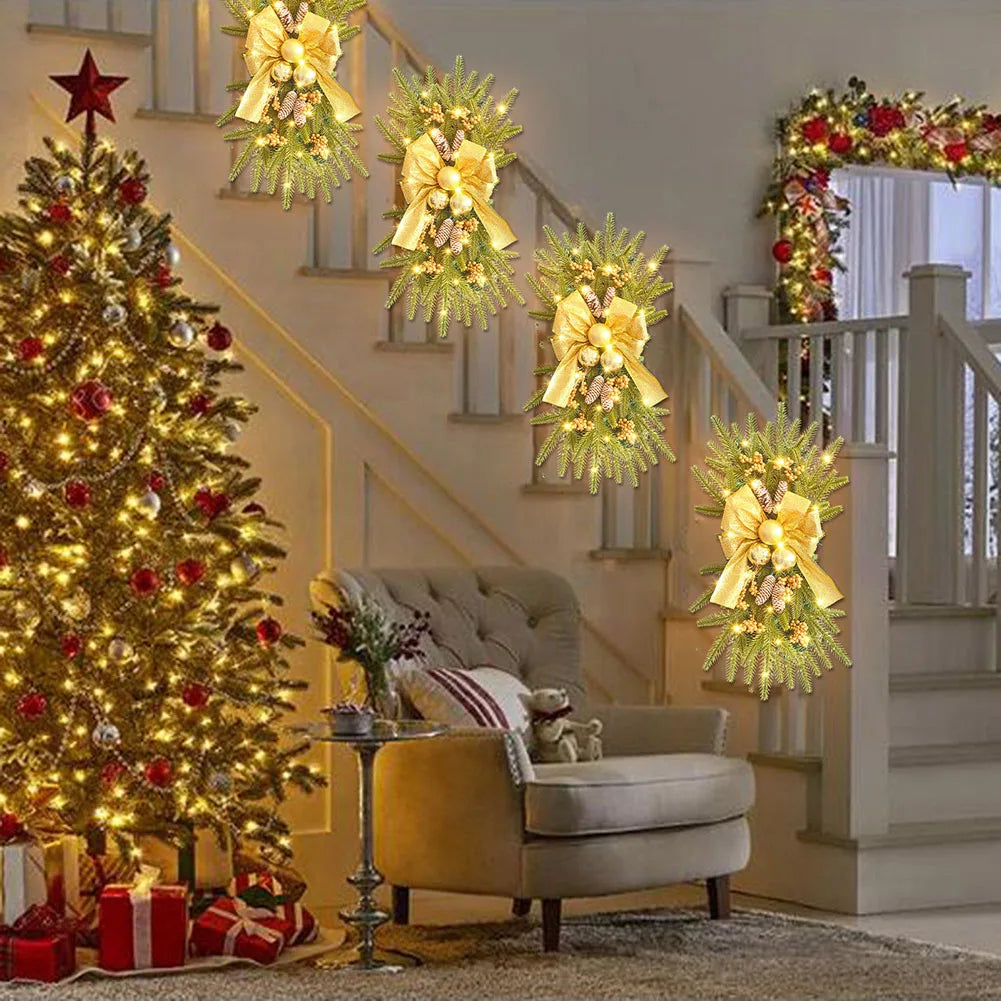 Xmas Wreaths Swag Christmas Decoration Stair Wreath Shiny Door Swag Garland Prelit Stairway Swag Trim For Christmas Party