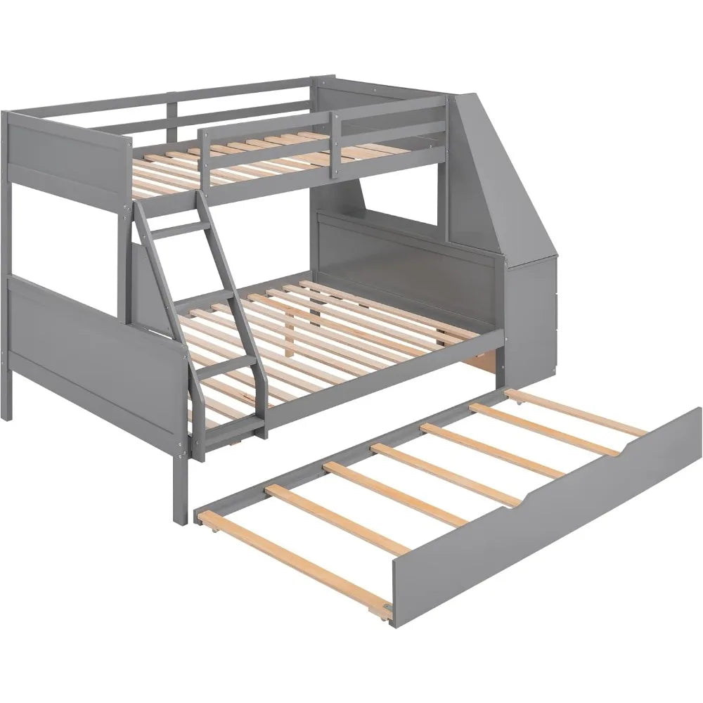 Twin Over Full Bunk Bed, Wood BunkBed Frame with Trundle and Built-in Desk, Three Storage Drawers and Shelf, Space-Saving Design