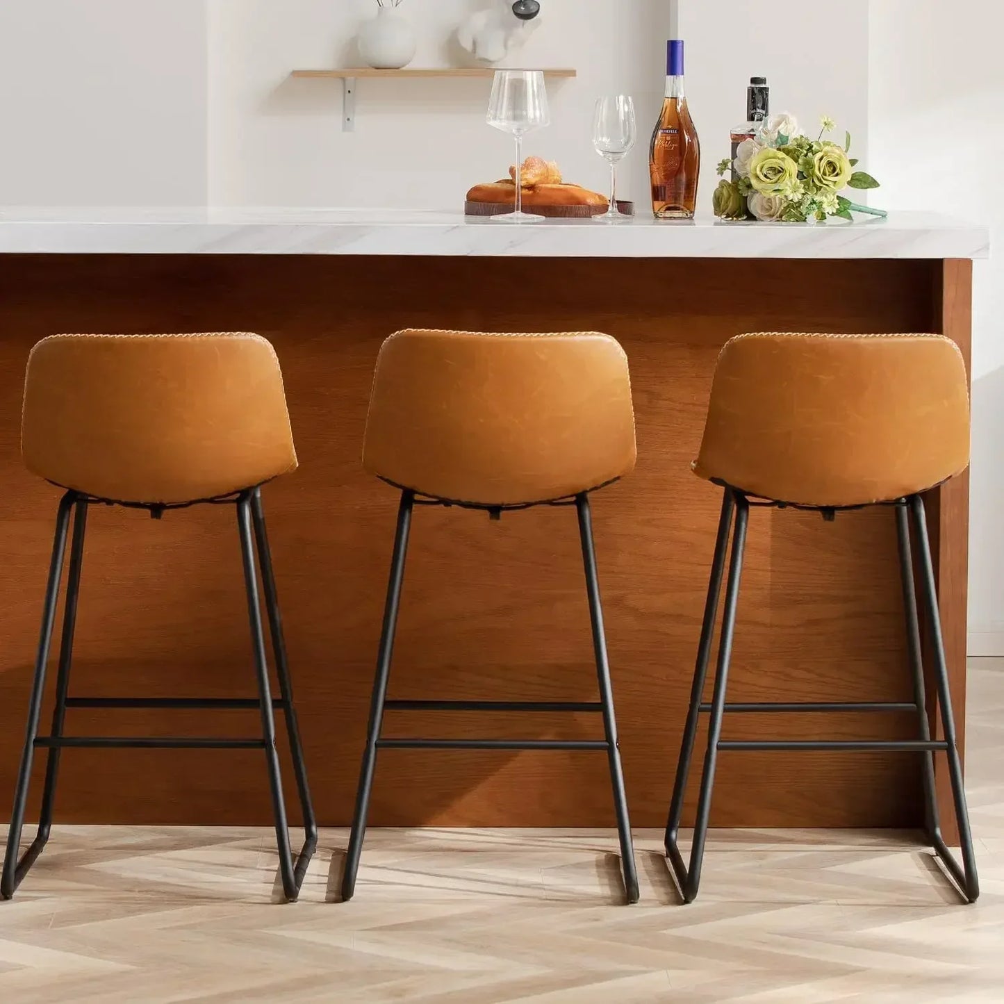 Bar Stools Set of 3, 26 Inch Barstools with Metal Legs Faux Leather Counter Height Bar Stools,Modern Bar Chairs