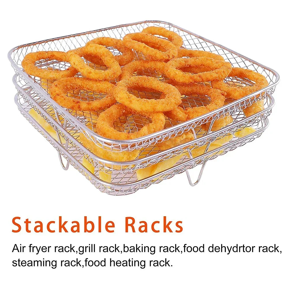 3-layers Air Fryer Rack Stainless Steel Stackable Grid Grilling Rack For Air Fryer Basket Tray Air Fryer Accessories