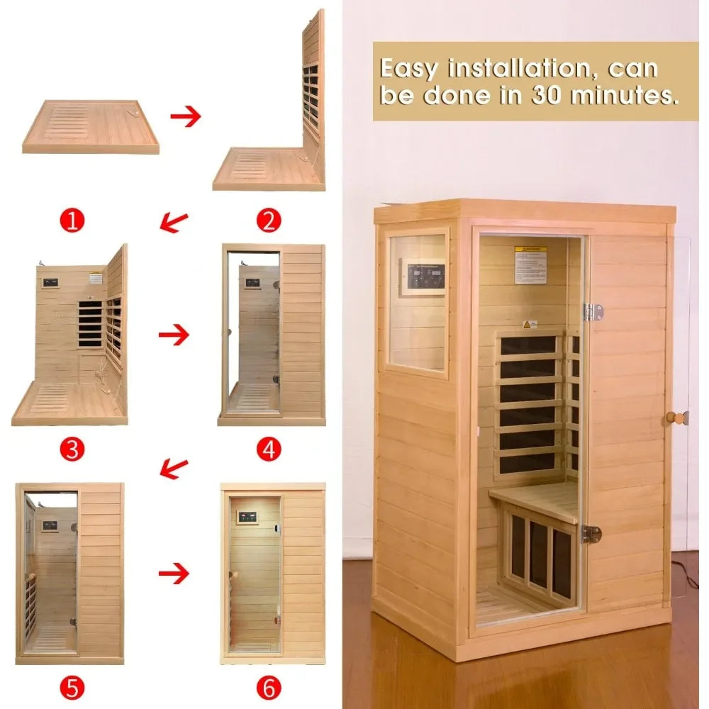 1 Person Far Infrared Sauna for Home, with 1050W Indoor Saunas, Low EMF Heaters, 2 Bluetooth Speakers, Hemlock Wood Sauna Room