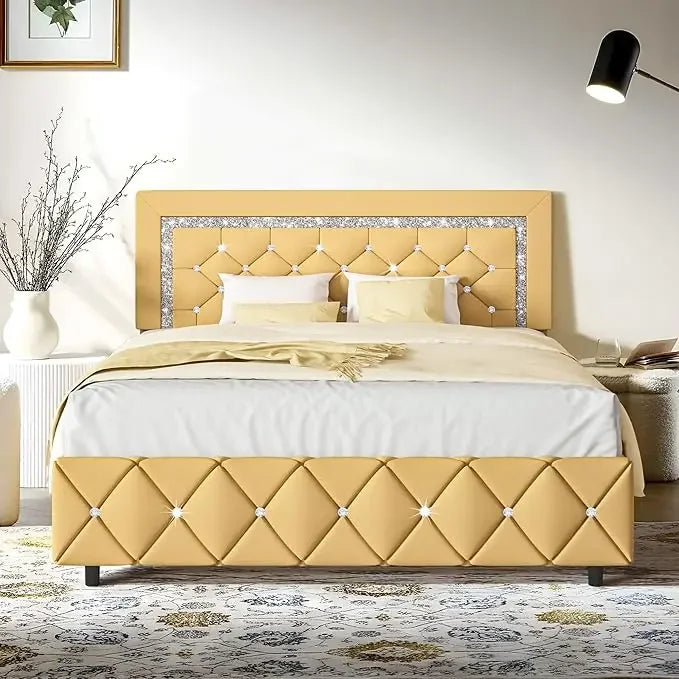 Queen Bed Frame Upholstered Bed Frame with Diamond Tufted Headboard, Faux Leather Headboard & Footboard, Wooden Slats Support