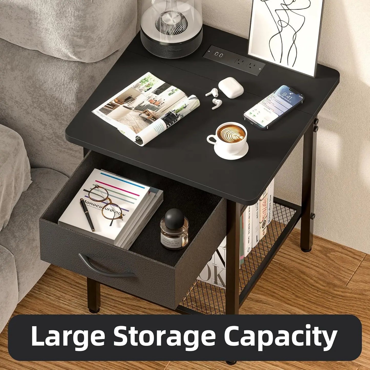 Set of 2 with Charging Station and Fabric Storage Drawer,16.5" x 15.8" Side Table with Storage for Bedroom