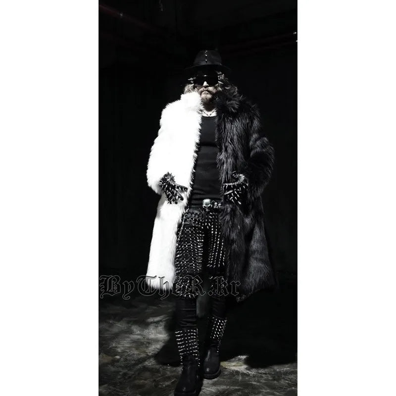 Imitation Fur Coatslong Trench Coat Men's Black and White Color Matching Coat Outwear Faux Fur Steampunk Fur Jackets Coats