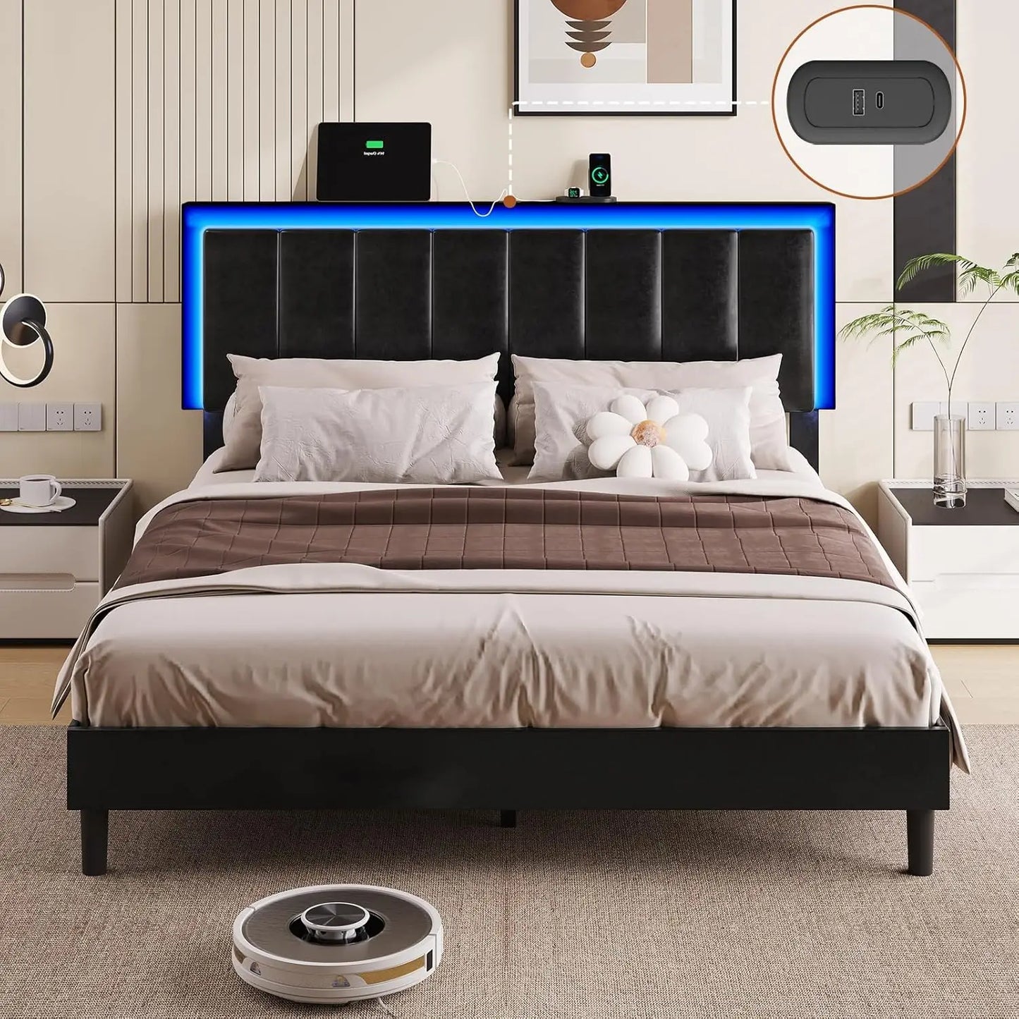 Bed Frame with Led Lights and Charging Station Platform Bed Frame with Adjustable Headboard Faux Leather Profile Platform Bed