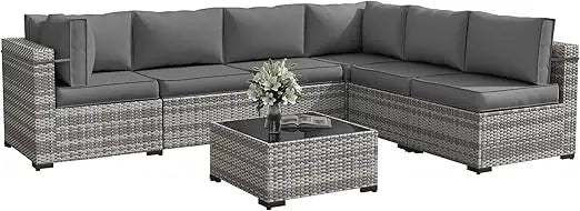 Outdoor Rattan Sofa Set, with Slanted Back, Patio Couch with Glass Coffee Table for Backyard ,7 Pieces Patio Furniture Sets