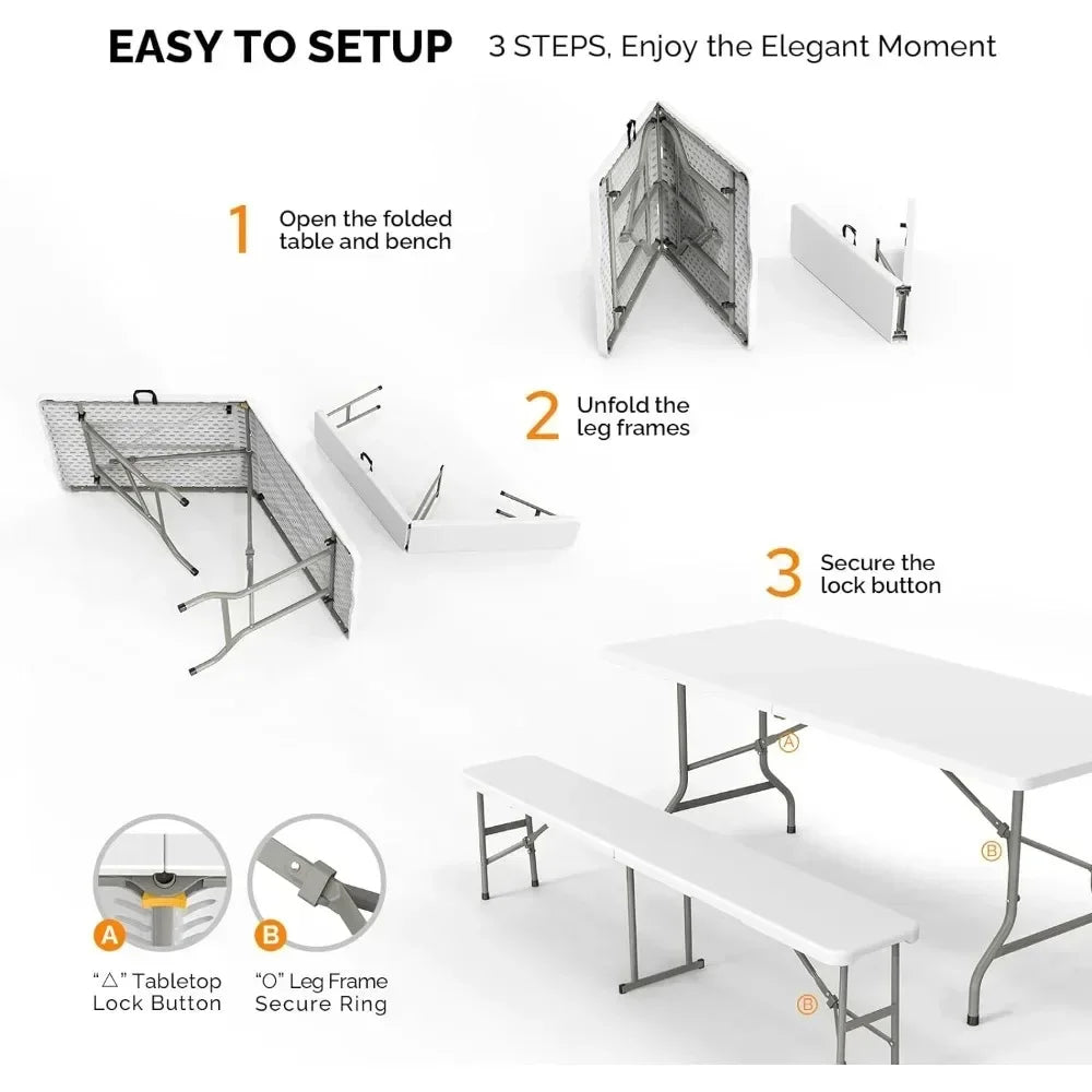 Picnic Table with 2 Benches, 6 Feet Camping Tables Chair Set,3-Piece Folding Furniture, Camping Table