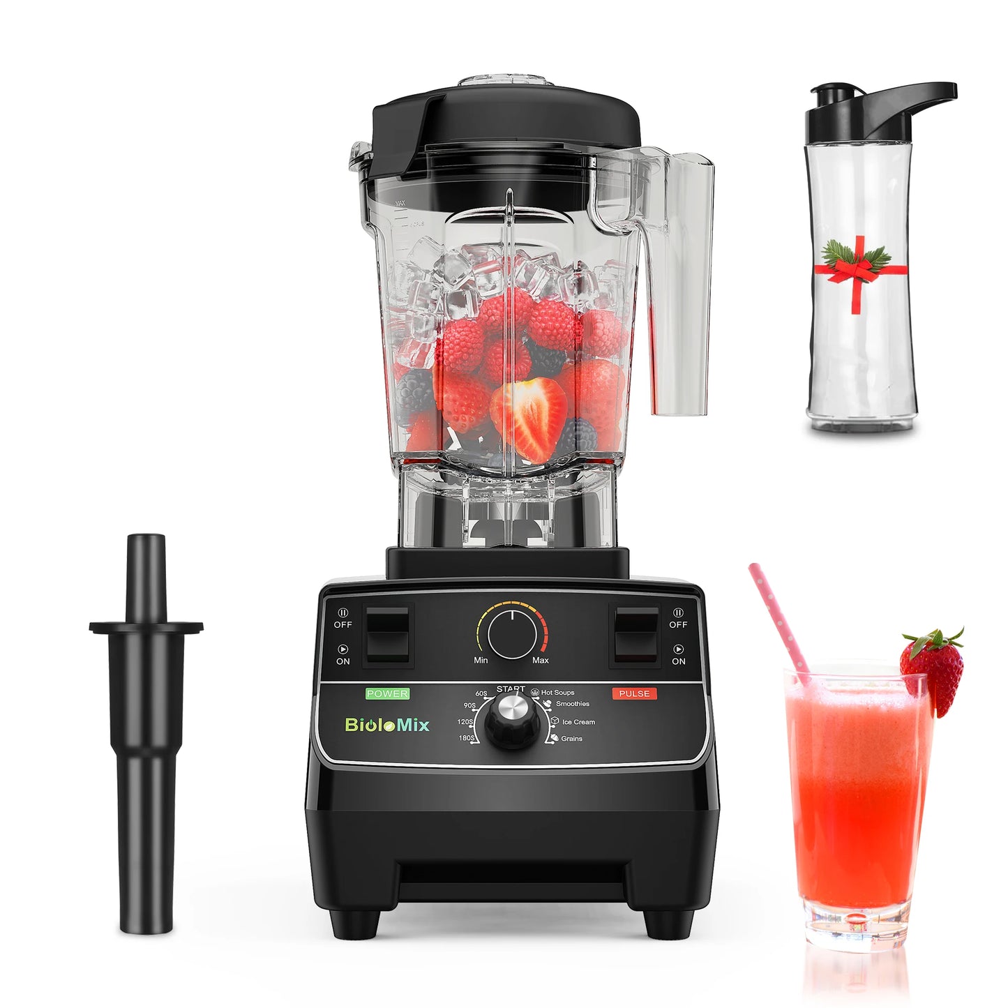 BioloMix 2200W Professional Smart Timer Pre-programed Blender, 2L round jar, Mixer Juicer Food Processor Ice Smoothies Crusher