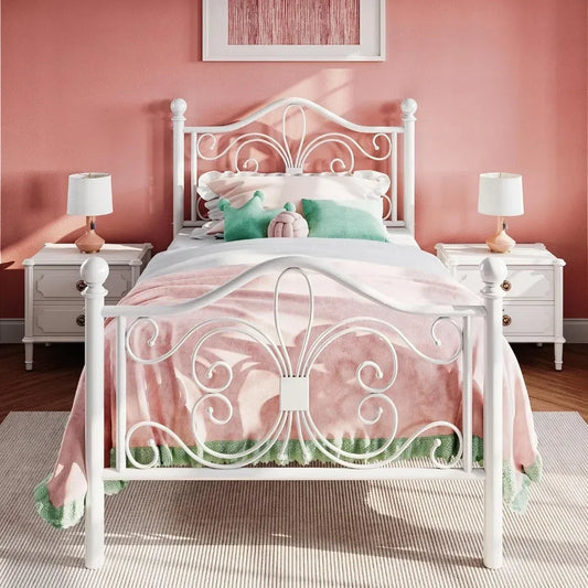 Twin Size Bed Frame for Kids,Metal Bed Frame with Butterfly Pattern Design Headboard & Footboard,No Box Spring Needed