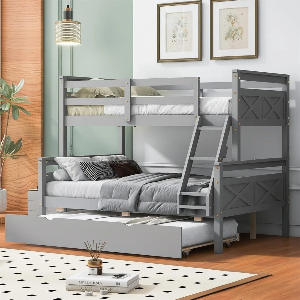 Bunk Bed, Twin Over Full Wood Bunks Beds with Twin Size Trundle,  with Guardrail and Ladder, Solid Wood Bunk Bed Frame