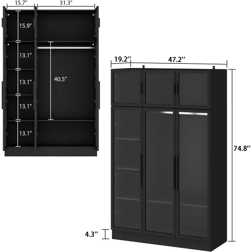 Wardrobes with LED Lights, 5-Tier Shelves and 6 Glass Doors, 47.2" L Wooden Display Storage Cabinet with Hanging Bar Black